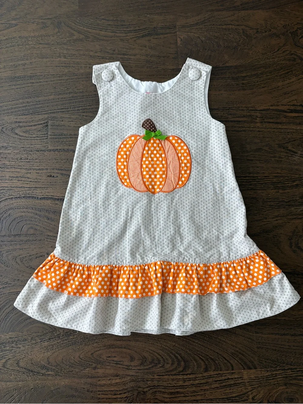 Girls White Polka Dot Pumpkin Dress with Orange Ruffle